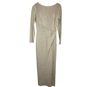 Lauren Ralph Lauren Gold Metallic Shimmer Long Sleeve Gown Side Slit 6P Petite